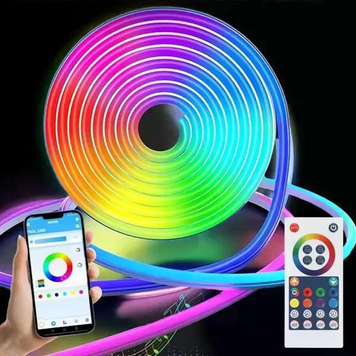 Неоновая RGB LED лента 5 метров с светомузыкой гибкая с пультом и Bluetooth водонепроницаемая IP67 12v 2439009482 фото