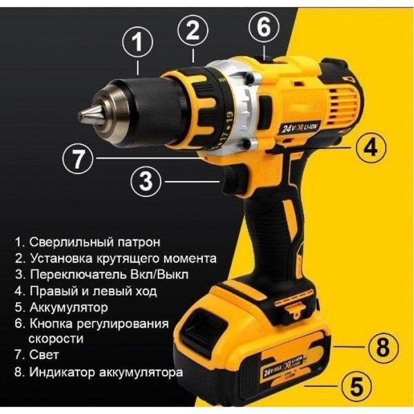 Аккумуляторный шуруповерт желтый с набором слесарного инструмента 1891699408 фото