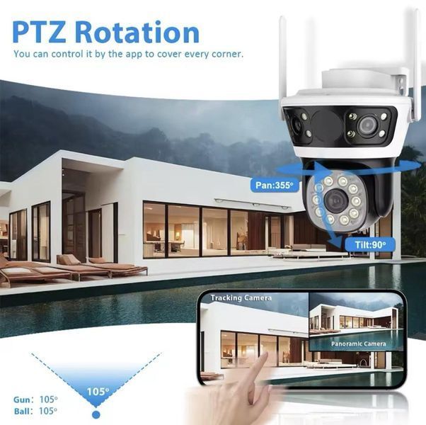 Вулична PTZ-камера відеоспостереження 4G/WiFi Потрійний об'єктив 6K 12MP HD працює від сім-карти, потрійна камера 2554647385 фото