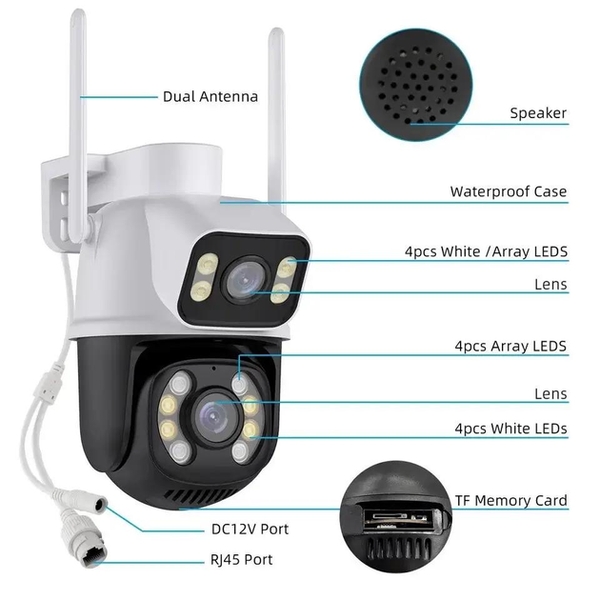 Вулична Камера відеоспостереження з подвійною камерою WI-FI 8MP 4K PTZ ICSEE IP зовнішня з двома об'єктивами 2343485772 фото