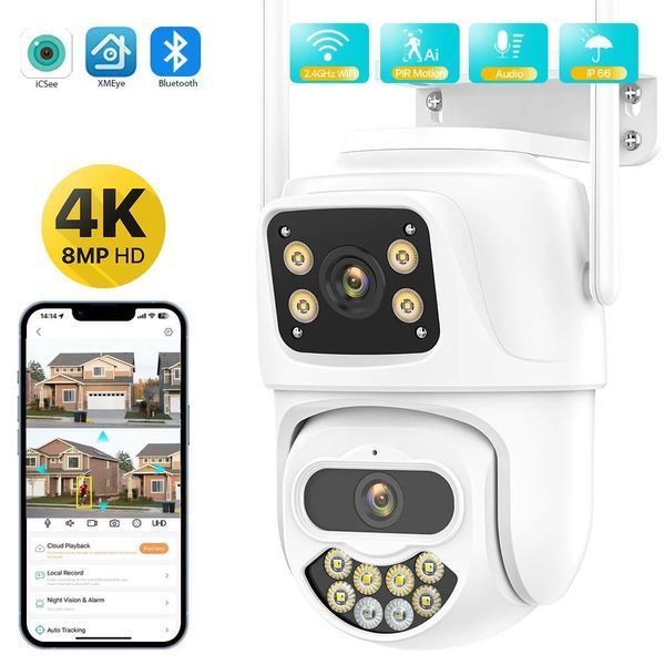 Вулична подвійна IP-камера відеоспостереження Wi-Fi 8MP 4K HD з двома об'єктивами, датчик руху, iCSee 2734693258 фото