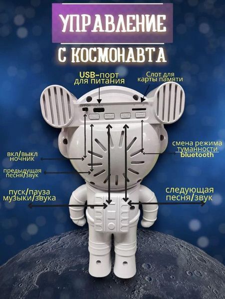 Ночник проектор звездного неба Космонавт Астронавт Большой Детский с пультом, таймером и колонкой 2031407284 фото