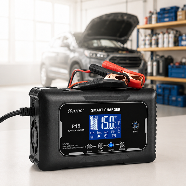 Автомобільне розумне зарядний пристрій HTRC P15 12 V15A/24V10A для кислотних/гелевих/AGM/LiFePO4 акумуляторів 9015 фото