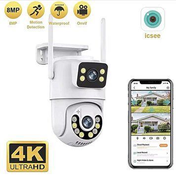 Уличная IP-камера видеонаблюдение двойная Wi-Fi, 4K, 8 Мп, PTZ, двойной объектив, двойная защита экрана, Icsee 901090 фото