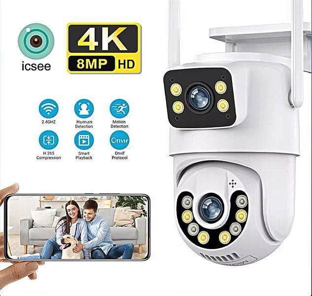 Вулична IP-камера відеоспостереження подвійна Wi-Fi, 4K, 8 Мп, PTZ, подвійний об'єктив, подвійний захист екрана, Icsee 901090 фото
