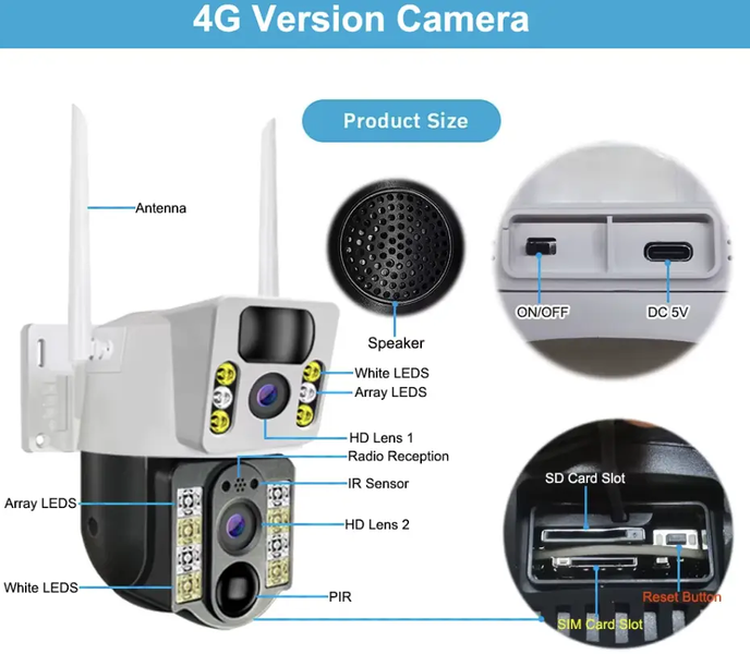 Уличная Поворотная Камера двойная видеонаблюдения 4g 8МР V380PRO с солнечной панелью и сим картой 2418099944 фото